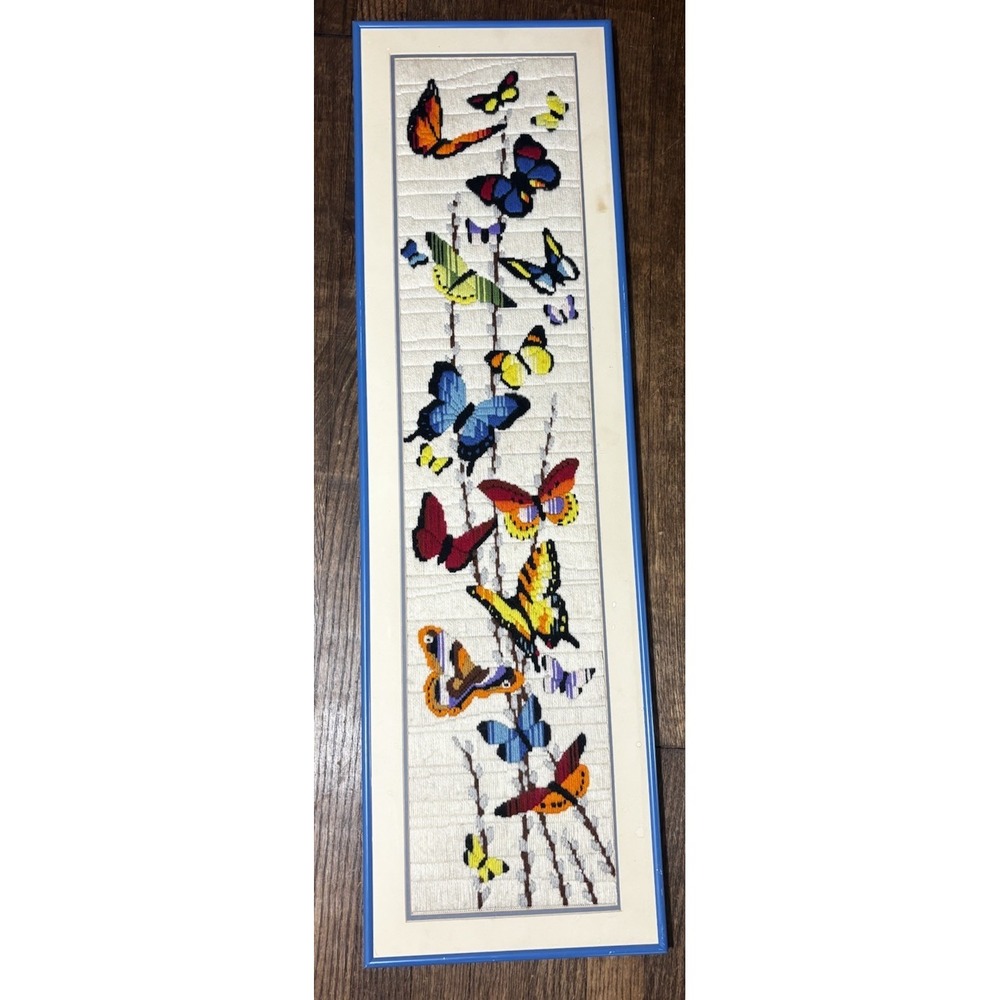🦋Vintage Butterflies Cross Stitch Complete Framed 39x11.5"